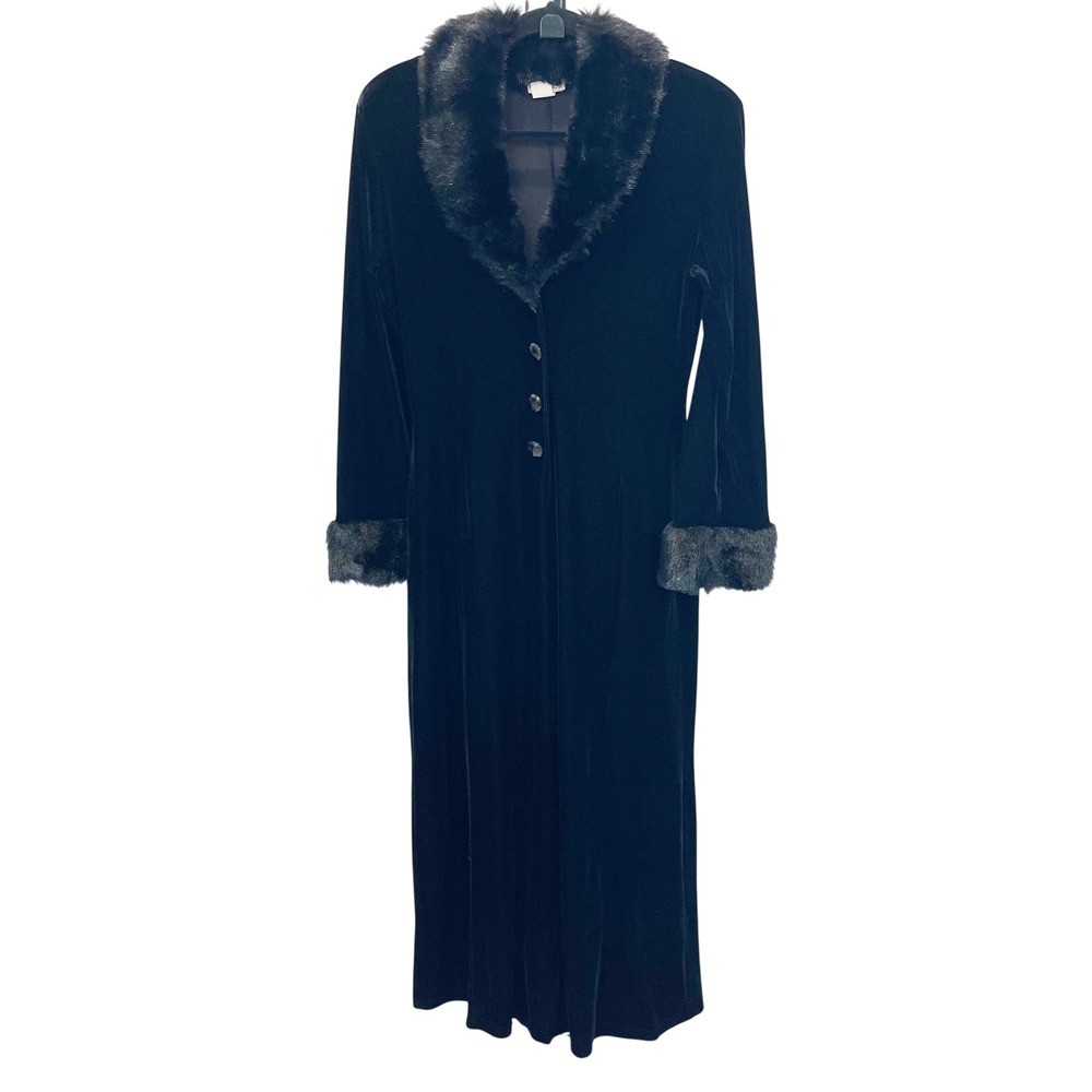 Vintage Luly K NYC Velvet Faux Fur Trim Maxi Coat Black Pennylane Whimsigoth MED
